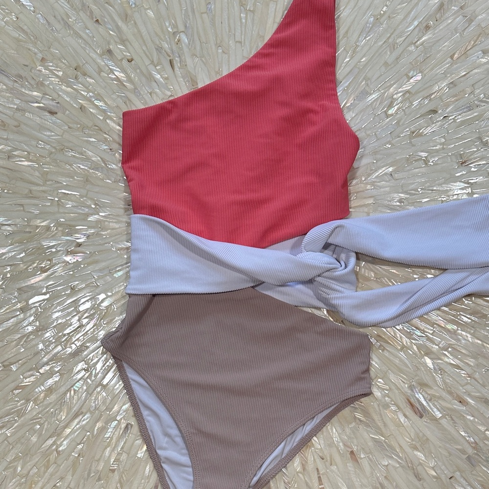 Beach Riot Coral and Taupe One-Shoulder Swimsuit